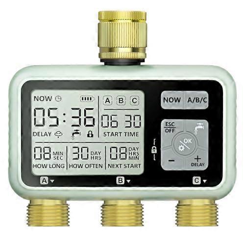 Automatic Garden Water Timer with LCD Display, 3 Zone Digital Irrigation Controller, Brass Inlet, Rain Delay