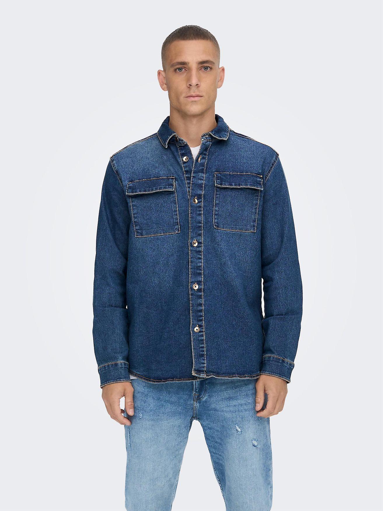 Herren O&S Jeans Hemd Denim Basic Langarm Freizeit Shirt Shacket ONSCAMON
