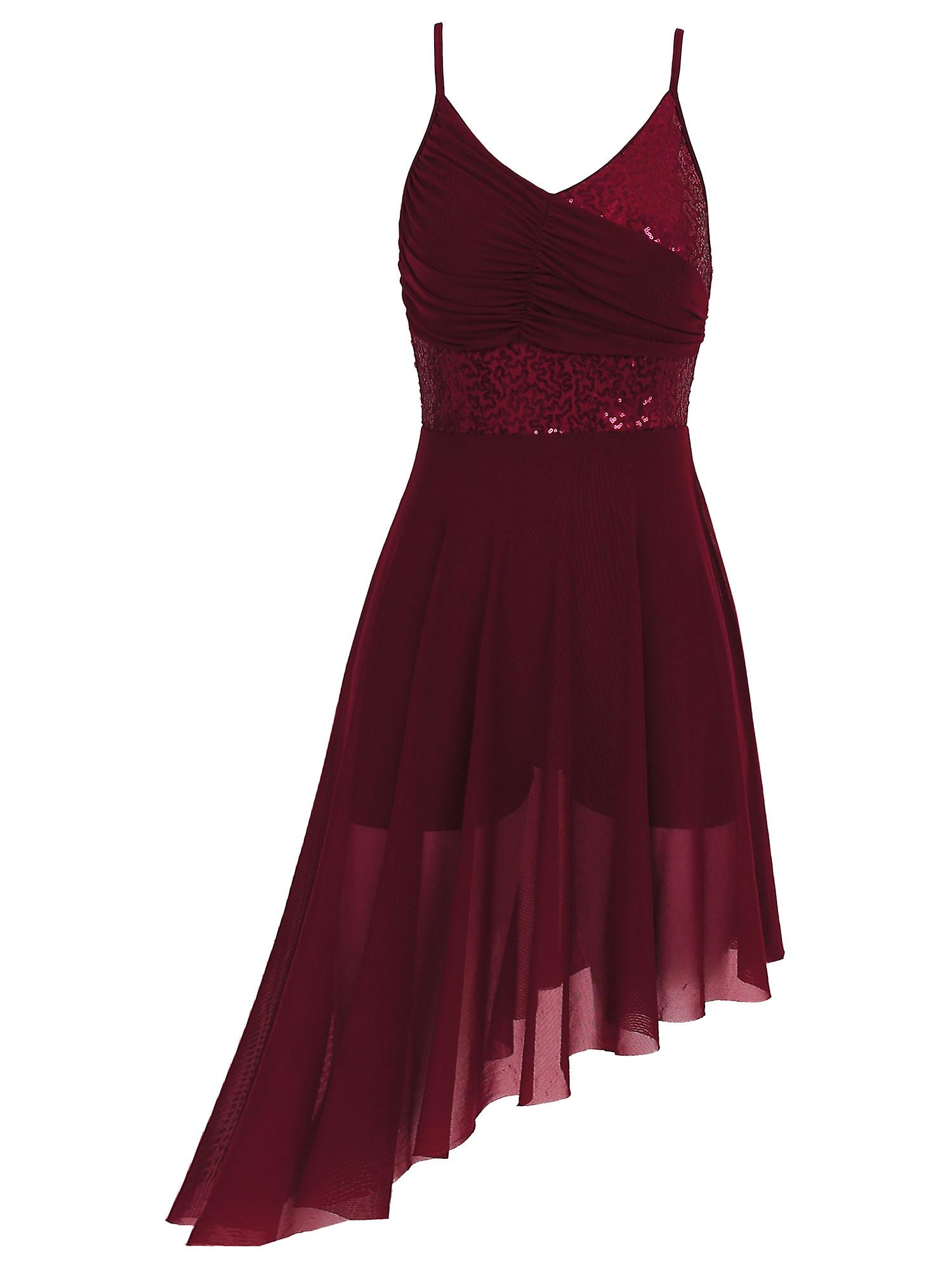 Women Sparkly Sequins Asymmetrical Hem Leotard Ballerina Dress V Neck Front Pleated Lyrical Dance Dress For Stage Performance