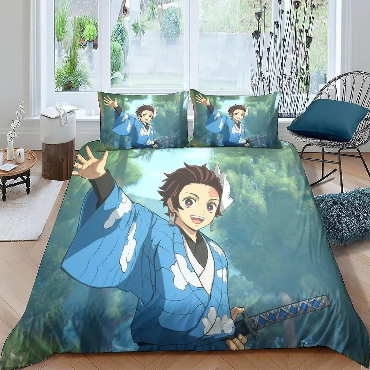 EKENOZ Demon Slayer Bedding Set Animation Duvet Cover Set for 3D Printed 3 Pcs Set Soft Breathable Comforter Cover Quilt Cover with Zipper Closure Sof