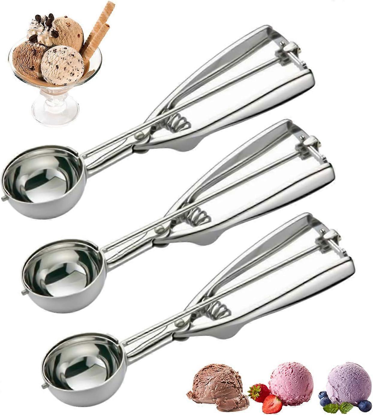 Ice Cream Scoops 3Pcs, Stainless Steel Ice Cream Scoop Set with Trigger, 3 Sizes Spring-Action Ice Cream Scooper