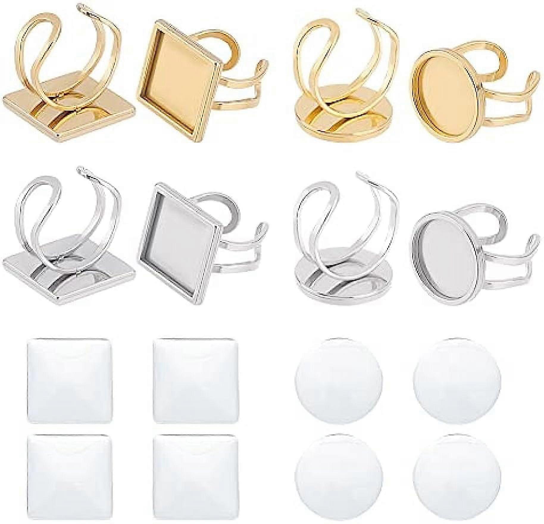 8 Sets 2 Colors Square Round Open Cuff Ring Bezel Tray US Size 7-8 201 Stainless Steel Blank Cabochon Ring Bases