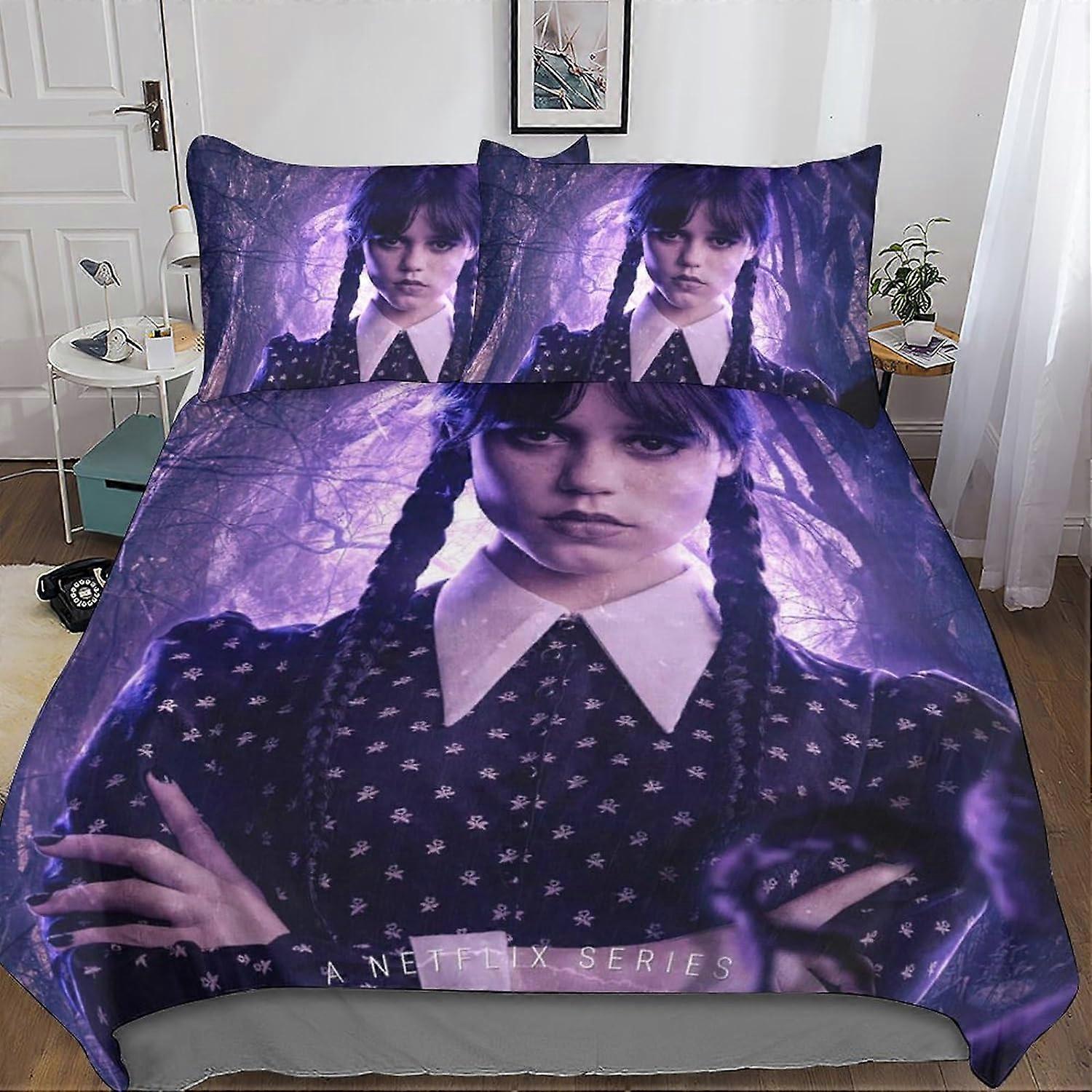 어린이를 위한 수요일 아담스 침구 세트 - 이불 커버와 베갯잇 포함 - 더블 지퍼가 달린 극세사 수요일 아담스 패턴