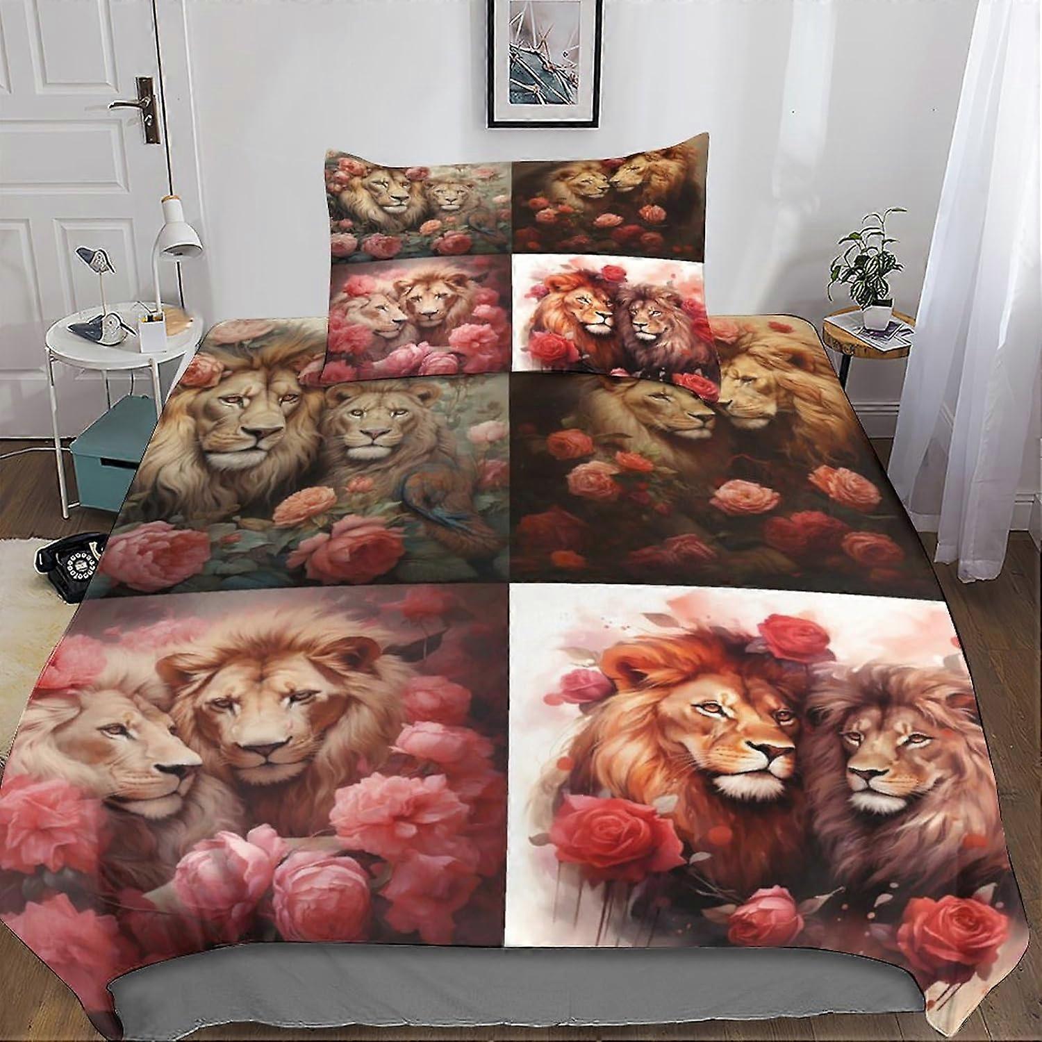 Lion 3D Print Duvet Cover Set Cyber Flower Bedding Set with Zipper Closure, Soft Microfiber 2 Piece with Pillowcases for Kids and Adults Single