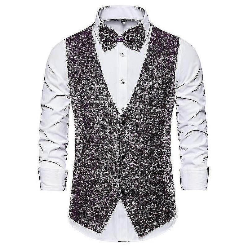 Herren Paillettenweste Shiny Anzug Weste V-Ausschnitt Party Kleid Weste mit Fliege