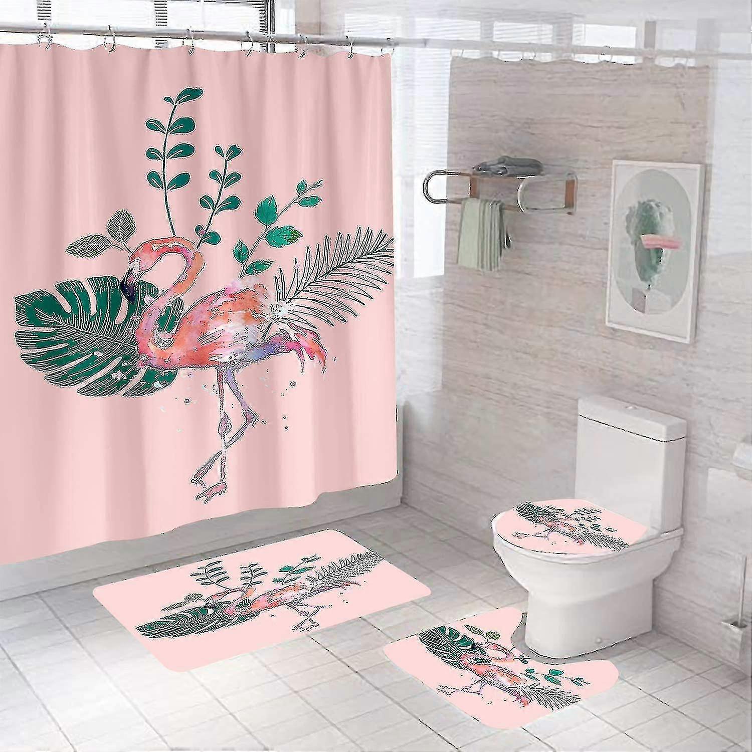 Tenda da doccia Flamingo da 4 pezzi con tappeto antiscivolo, coperchio del coperchio del WC, tappetino U, tappetino da bagno e tenda da doccia con ...