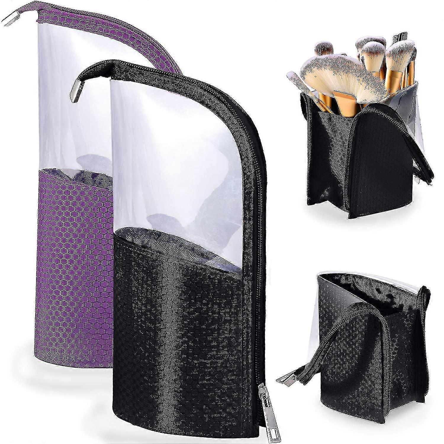 2pcs Travel Makeup Brush Cup Holder Storage Bag, Portable Waterproof And Dust-free Vertical Toiletries