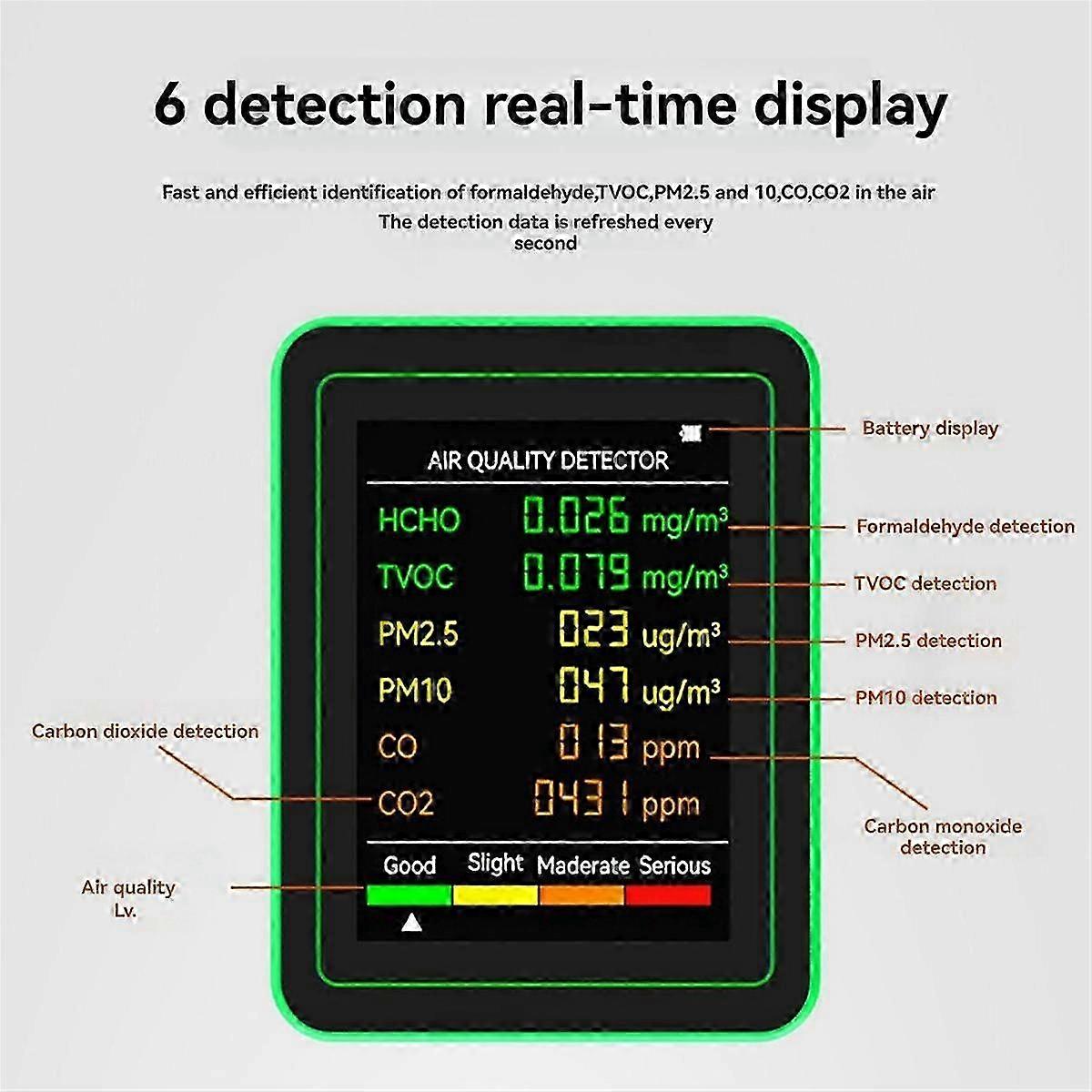Air Quality Detector 6 In 1 Detector Hcho Tvoc Co2 Co Pm10 Pm2.5 Meter Gases Detecting Intelligent Black