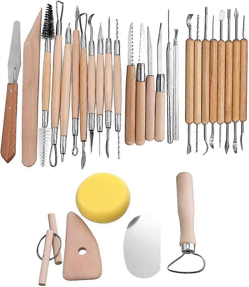30 قطع الخشب مقبض الفخار النحت الطين نحت النمذجة DIY الحرفية مجموعة الأدوات