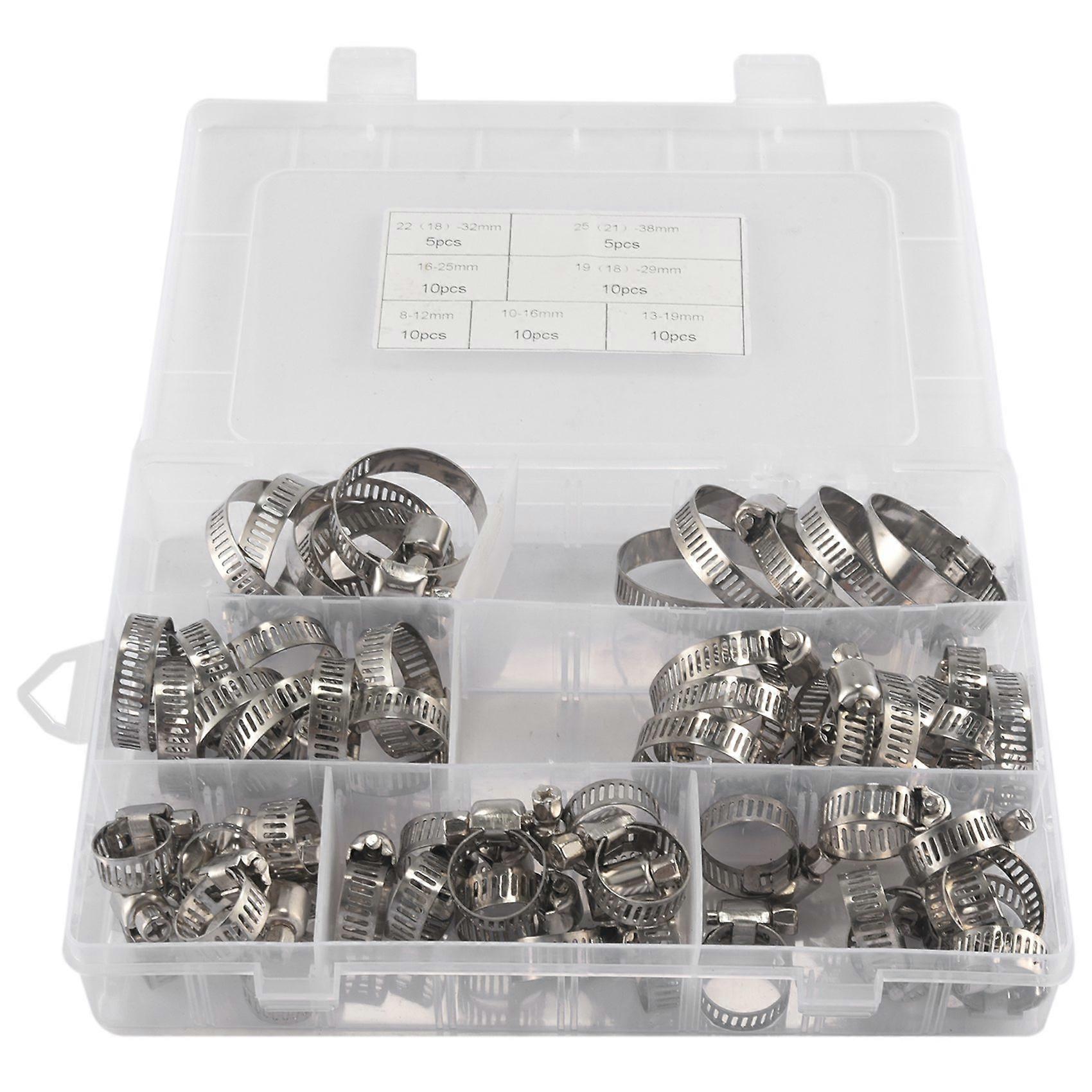 60-Piece Hose Clamp Set, 8-38 mm Pipe Made of 201 Stainless Steel, 7 Sizes Hose , Hose Ties, for Pi