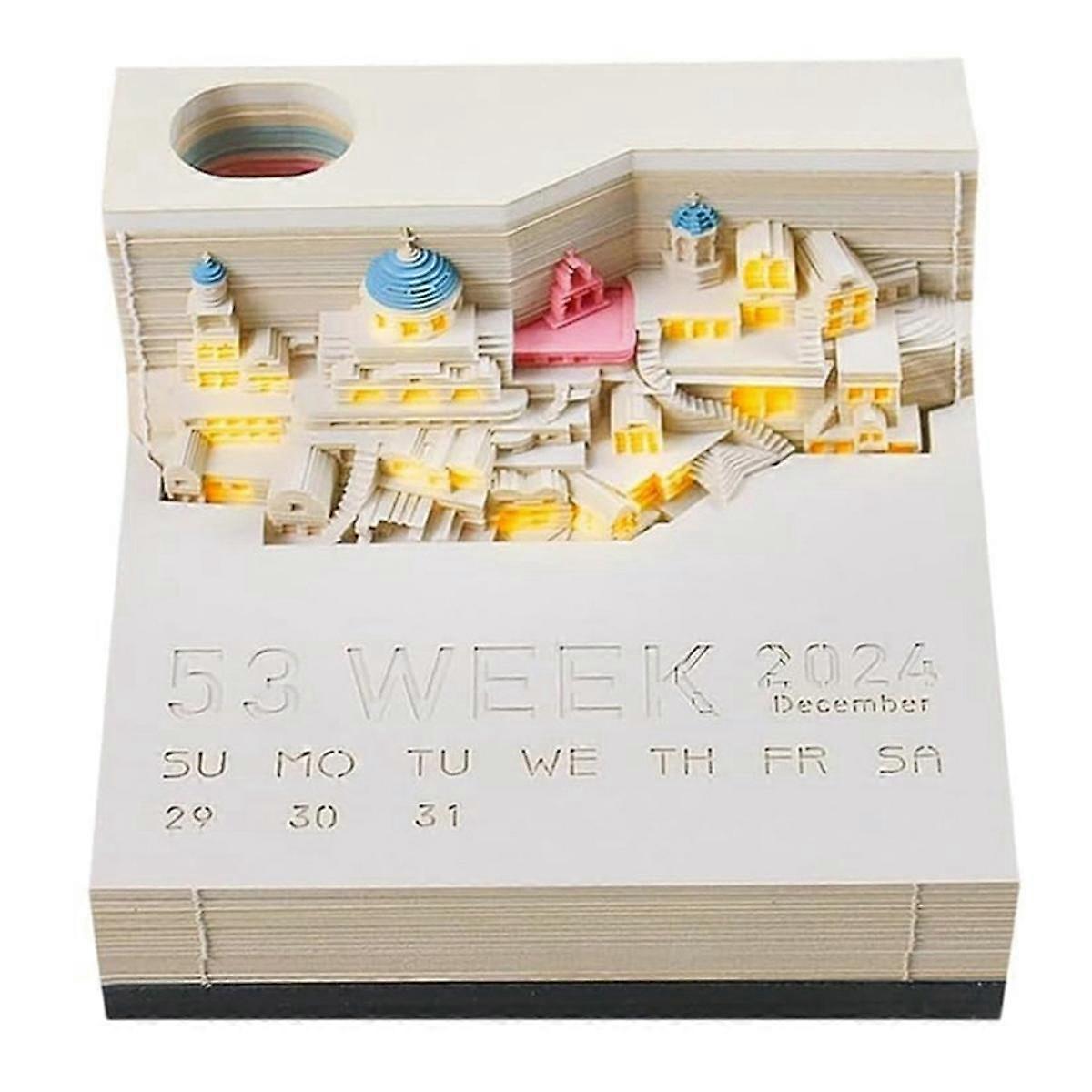 Time Piece Calendar - 2024 Desk Calendar with LED Light - 3D Calendar Paper Carving Art Memo Pad No