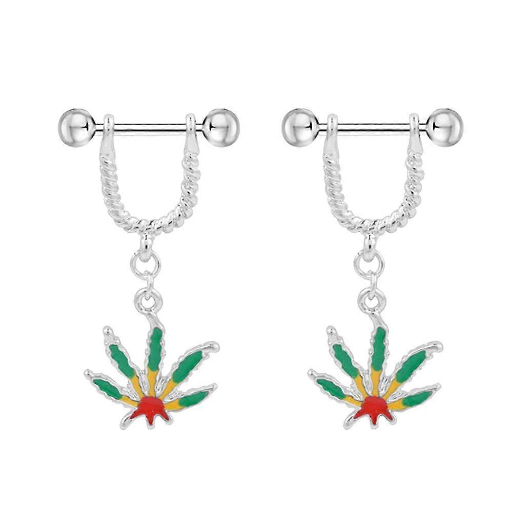 1 Pair Maple Leaf Dangle Straight Barbell Nipple Ring Green Maple Leaf