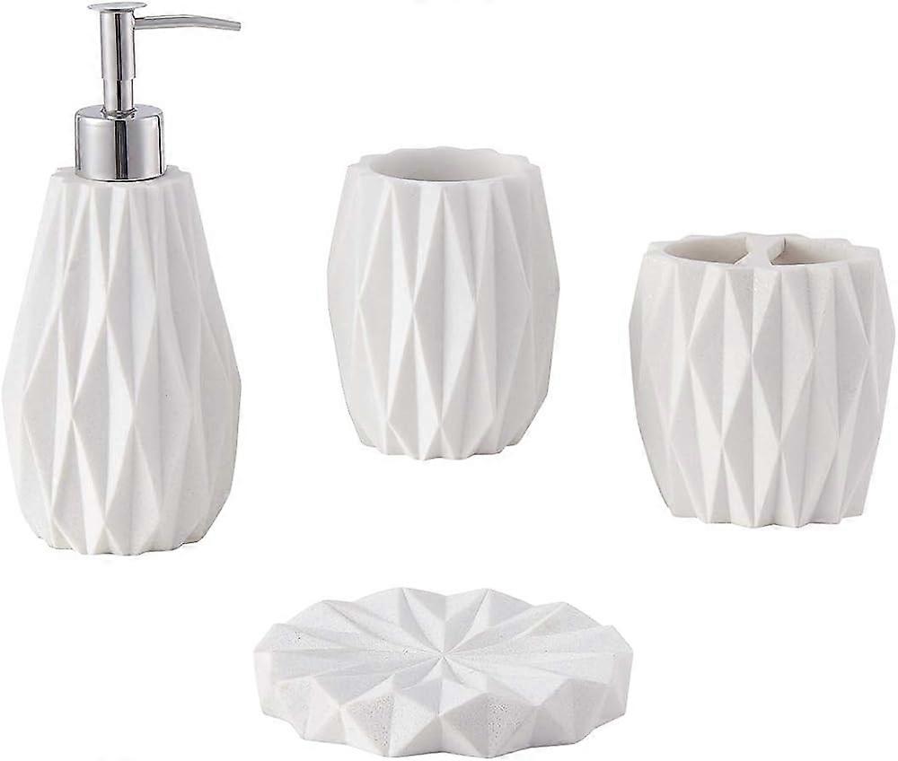 ソープディスペンサー、歯ブラシホルダー、タンブラー、白いソープディッシュ付きの4つの樹脂製バスルームアクセサリーのセット