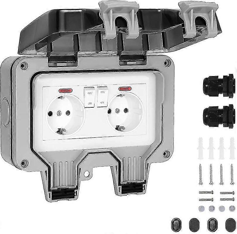 IP66 Waterproof Outdoor Socket Double Power Socket and Protection Shutter Garden Wall Power Strip, Dustproof and Windproof Socket with Switch, Indicat