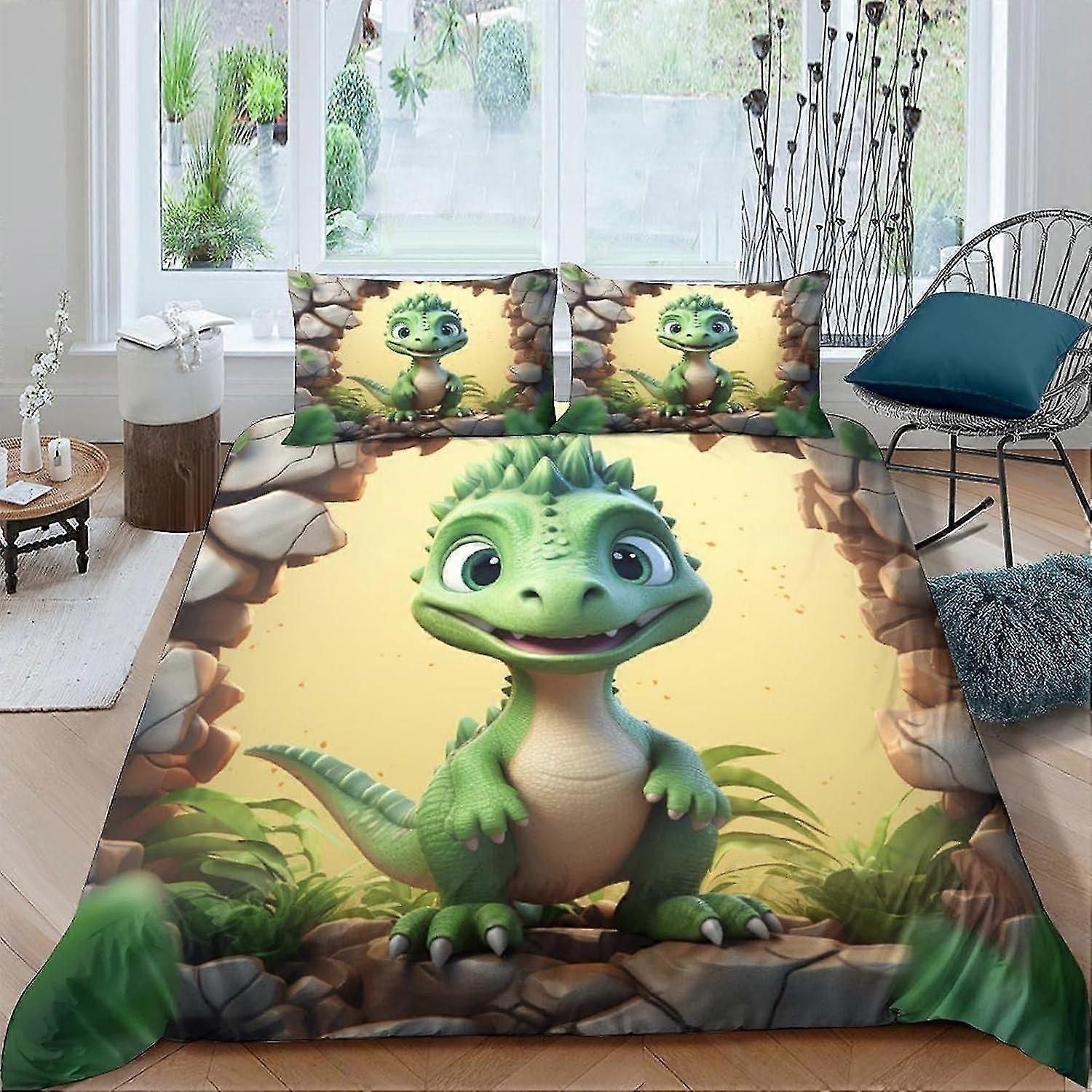 o5859 סדינים דינוזאור מצויר 3 חלקים קריקטורה ערכות כיסוי שמיכה לנער צעיר כיסוי שמיכה מודפס עיצוב מקסים כיסוי שמיכה חום-לבן M