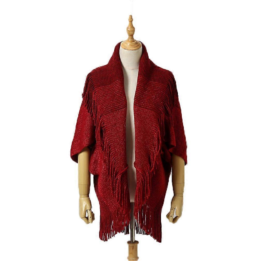 Fringed Hem Pashmina Shawl Wrap Thicken Warm Poncho Open Front Sweater Coat with Tassel for Lady