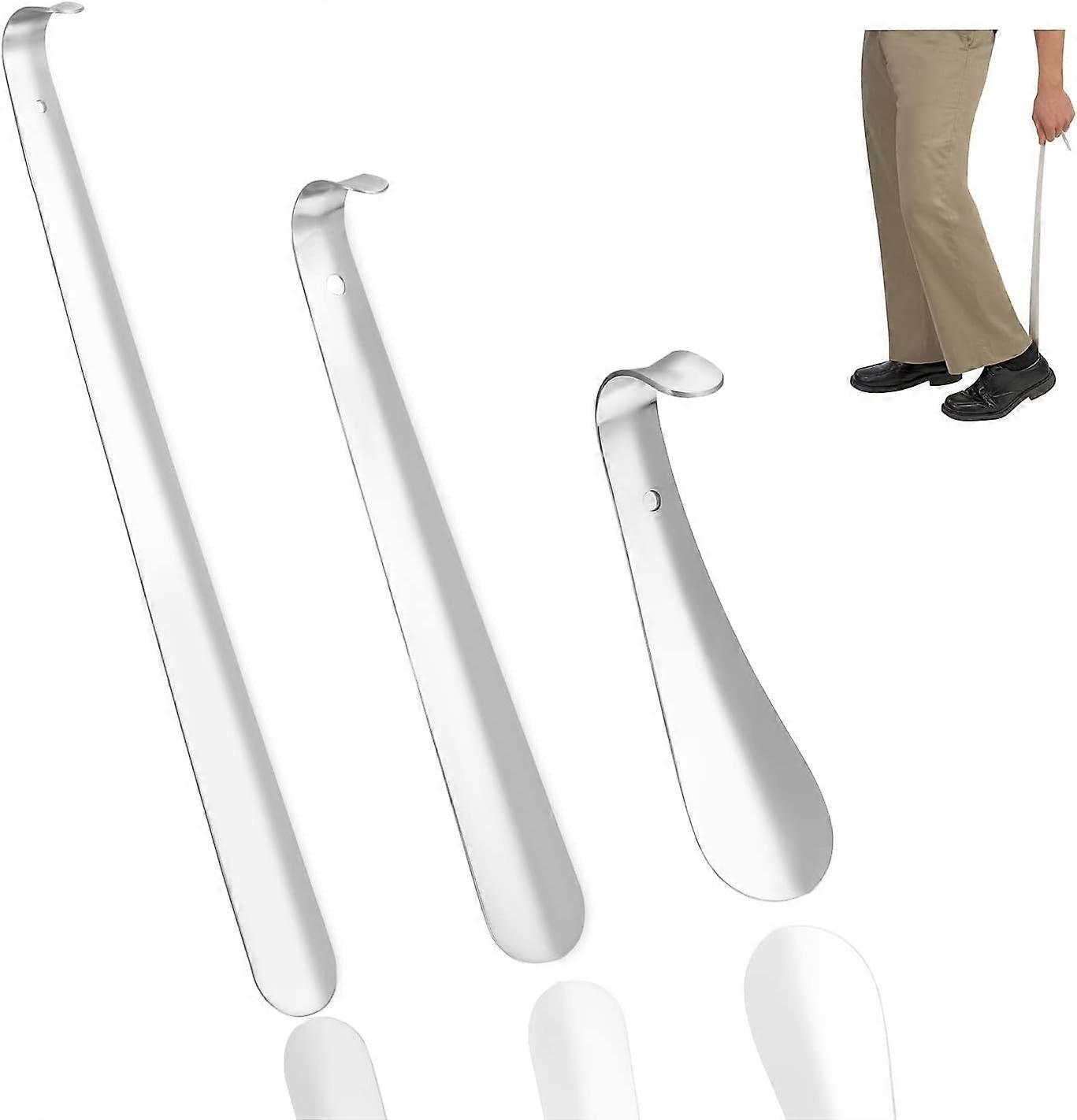 Set of 3 stainless steel shoehorns, metal shoehorns 42cm/30cm/16cm with loop for easy hanging, short, medium and long shoehorns