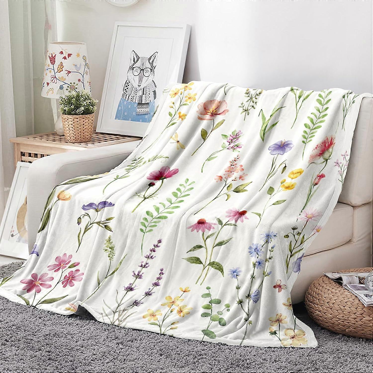 Wildflowers Throw Blanket Botanical Floral Printed Blanket Super Soft Flannel Throw Blanket Lightweight Fluffy Plush Fuzzy Bed Blanket for Bedding Sof