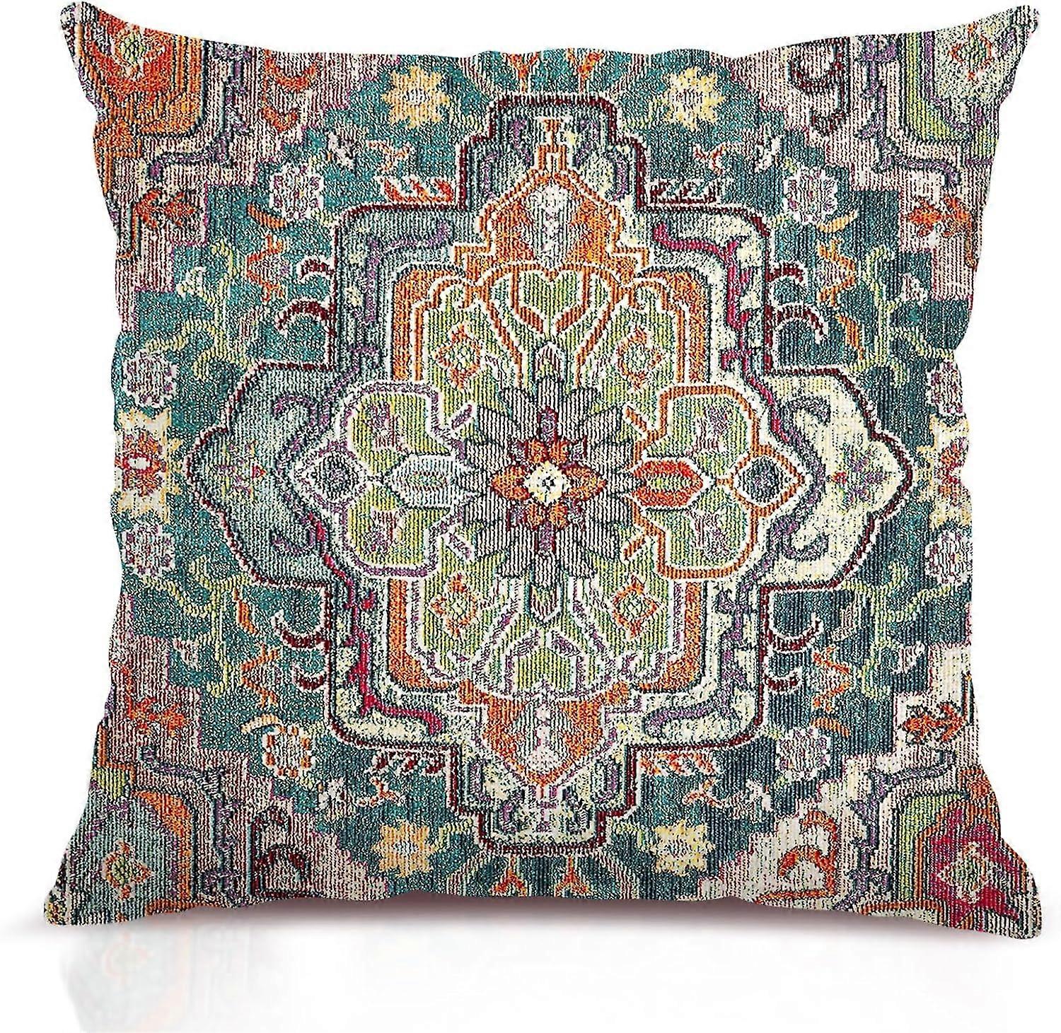 Boho Green Orange Throw Pillow Covers 16x16 inch, Bohemian Carpet Double Sided Pattern Soft Plush Cushion Cover for Couch Sofa Bed Decorative, Only Pi