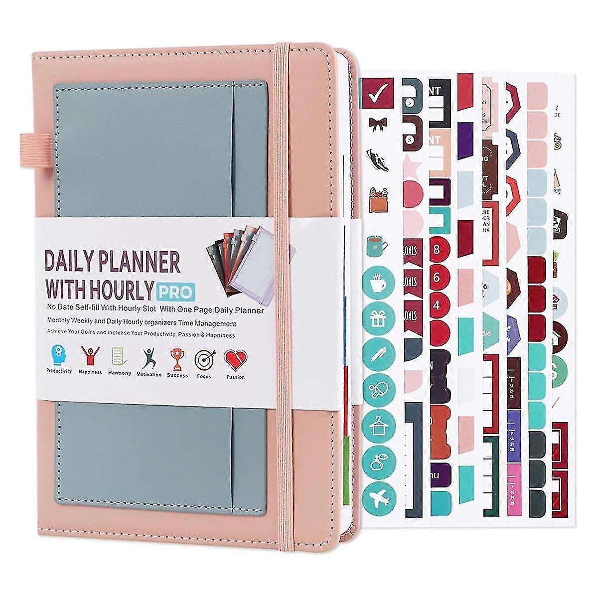 2024-2025 مخطط مع ملصقات عملية ، منظم أسبوعي يومي غير مؤرخ ، غطاء جلدي مع مخازن بطاقاتجيب ورقي