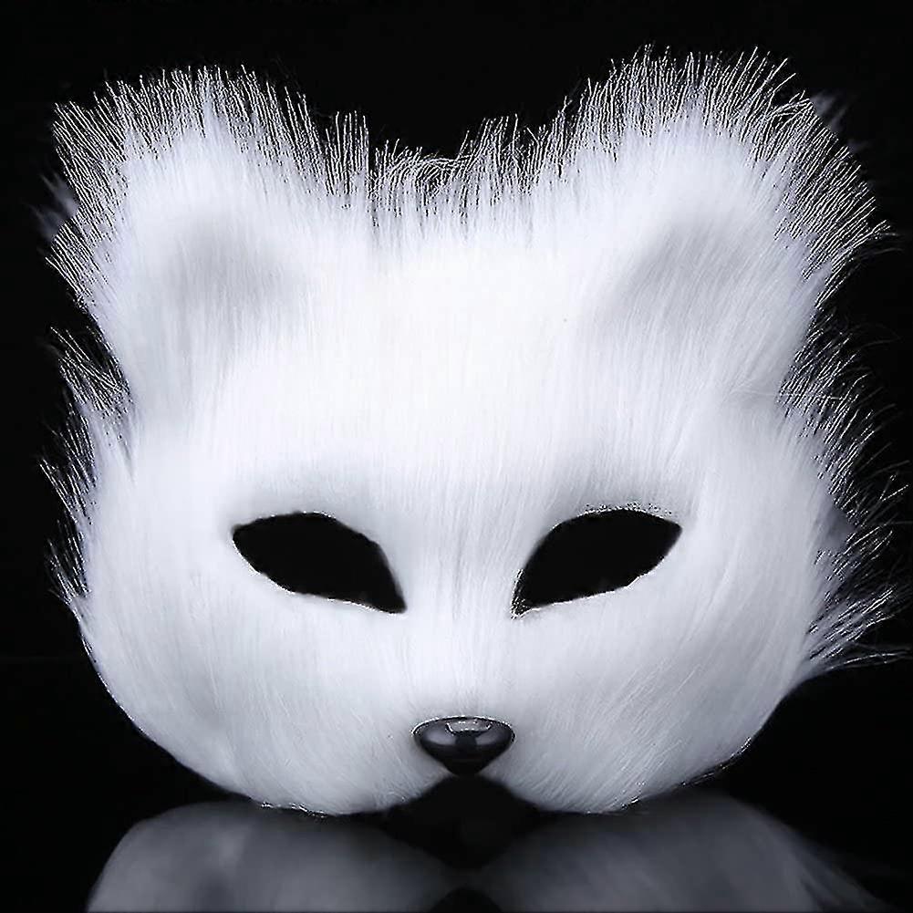 White Fox Face Mask, With Atificial Fox Fur For Masquerade Halloween Theme Party (white) (1pc