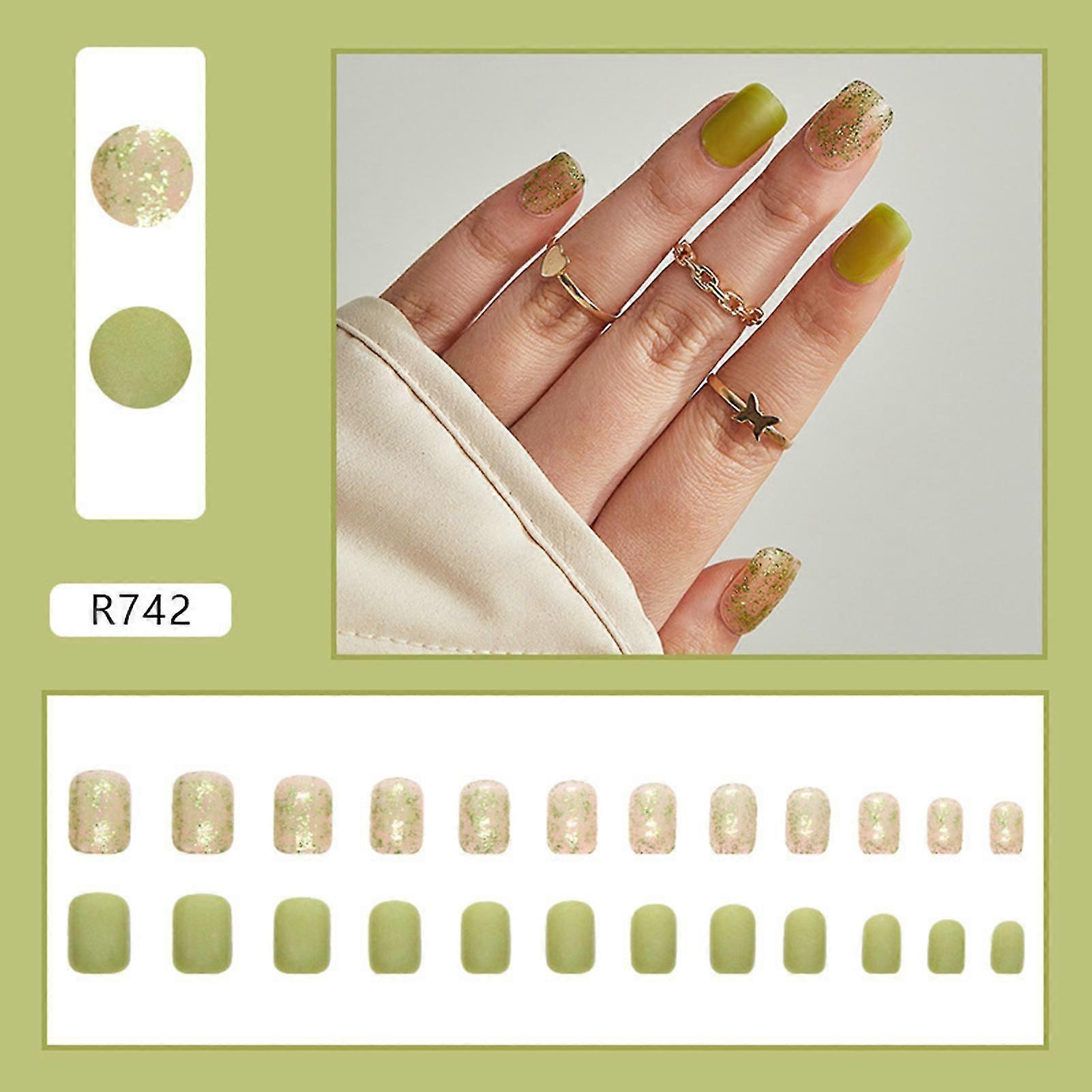 Green Matte Shining False Nails Full Cover Com  Jelly Glue Model