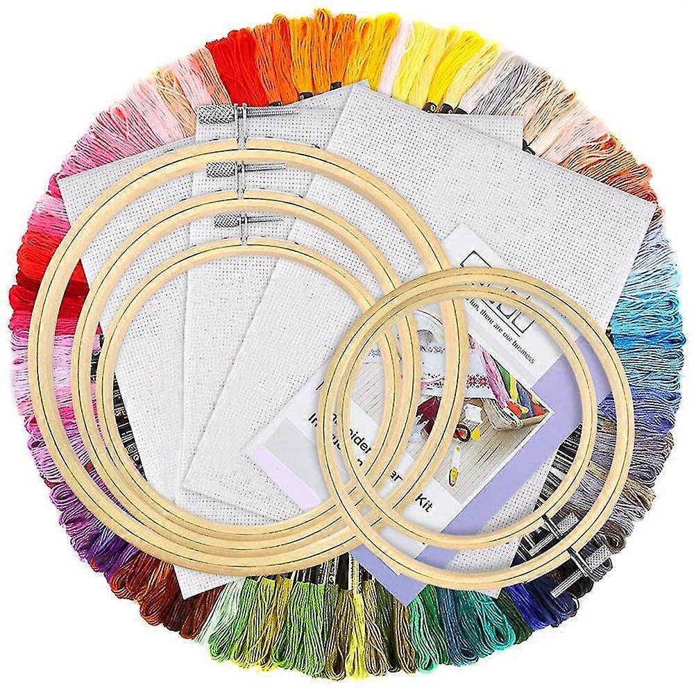 Embroidery Starter Kit - Embroidery Kit Including 100 Color Threads, Instructions, 5 Pcs Bamboo Embroidery Hoops, Circular Paing Bag And Cross Stitc