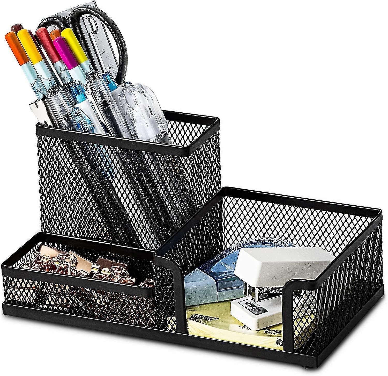 Mesh Desk Organizer Office Supplies Caddy With Pencil Holder And Storage Baskets For Desktop Accessories, 3 Compartments, Black, Efficient Organizatio