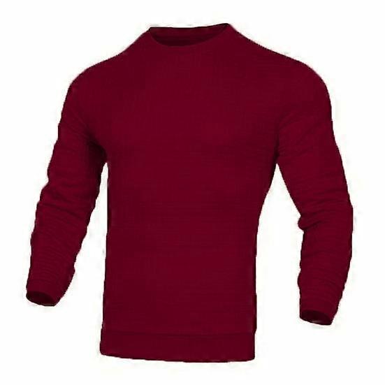 Men Fall Spring Top Round Neck Solid Color Long Sleeve Waffle Texture Slim Fit Soft Breathable Pullover Mid Length Men Daily T-shirt