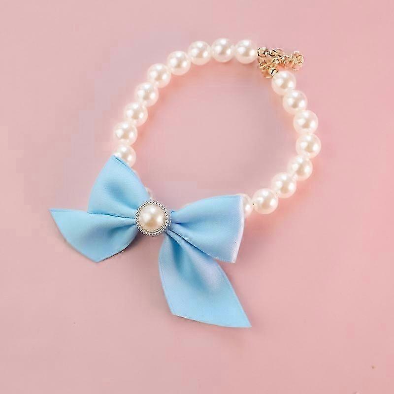 弓付き小型犬パールネックレス、ジュエリードレスアップペット装飾犬用リードネックレス、ペット首輪子猫犬ベルネックレス(XL 35-40cm-ブルー)