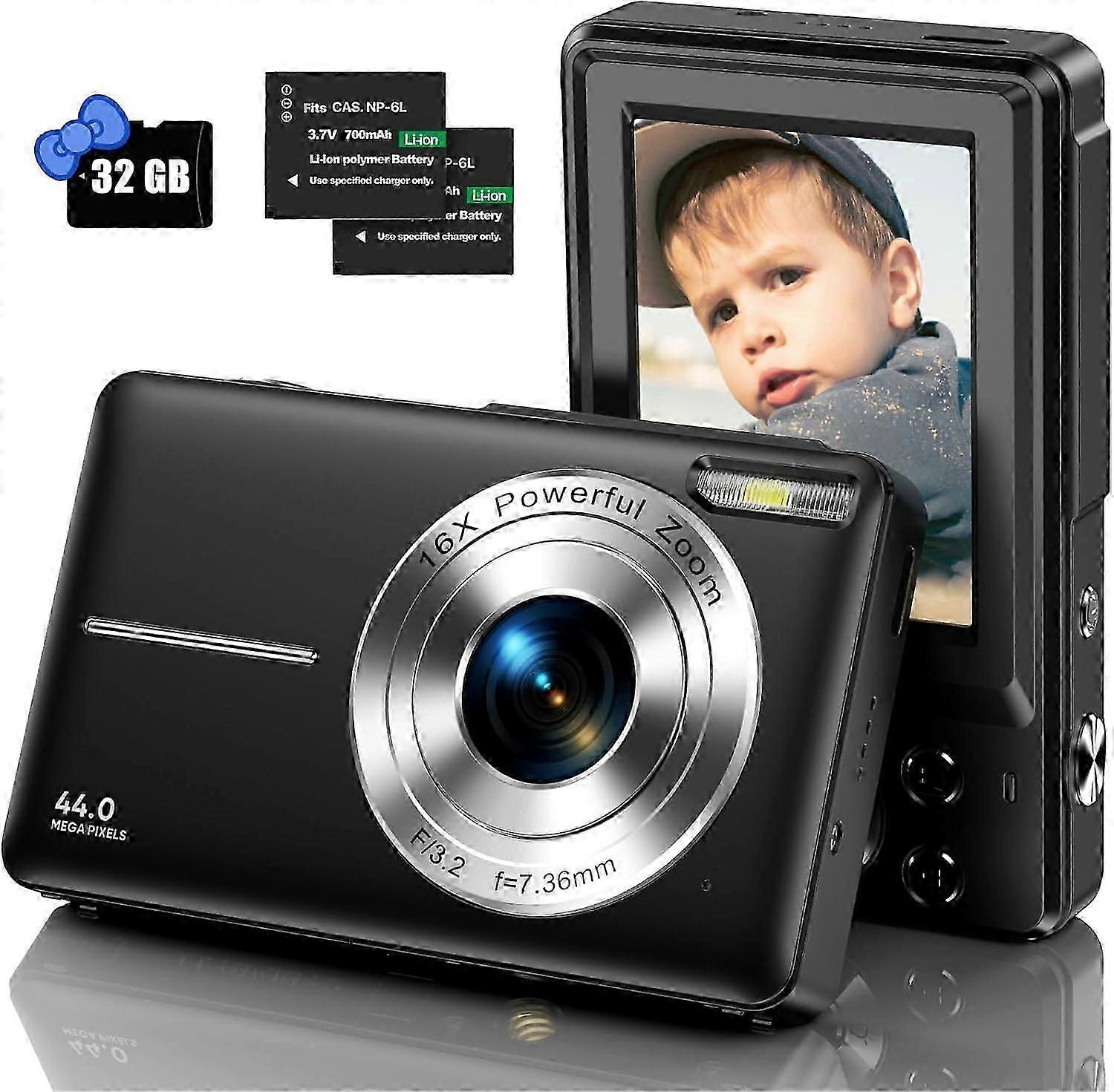 Digitalkamera 1080P 44MP Fotokamera 16X Digitalzoom Kamera Speicherkarte Anfänger Schwarz