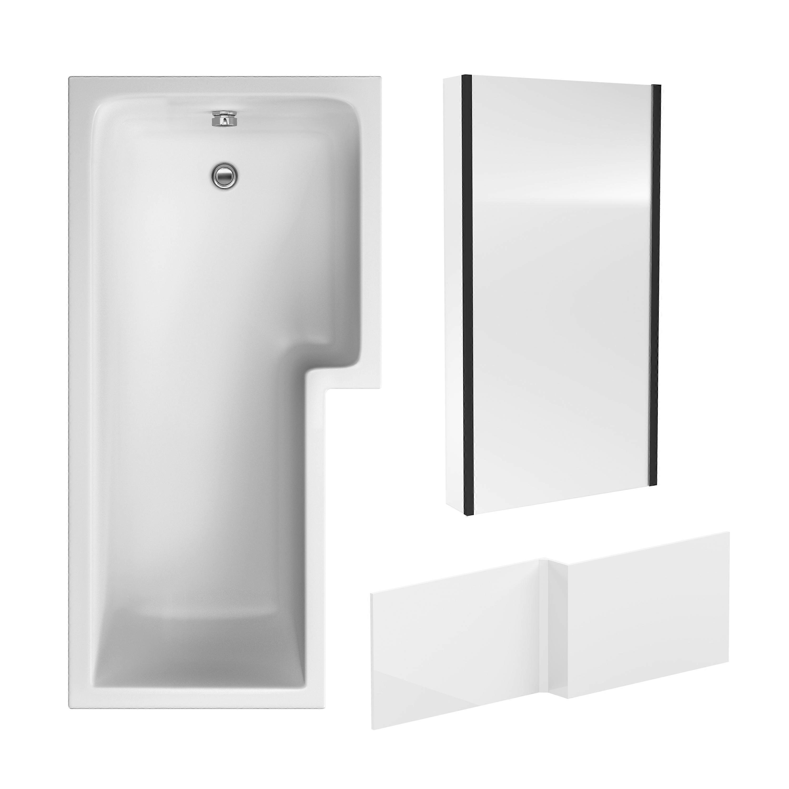 L Shape 1700x850 Shower Bath Set - Front Panel & Black Fixed Return Screen, Right Hand