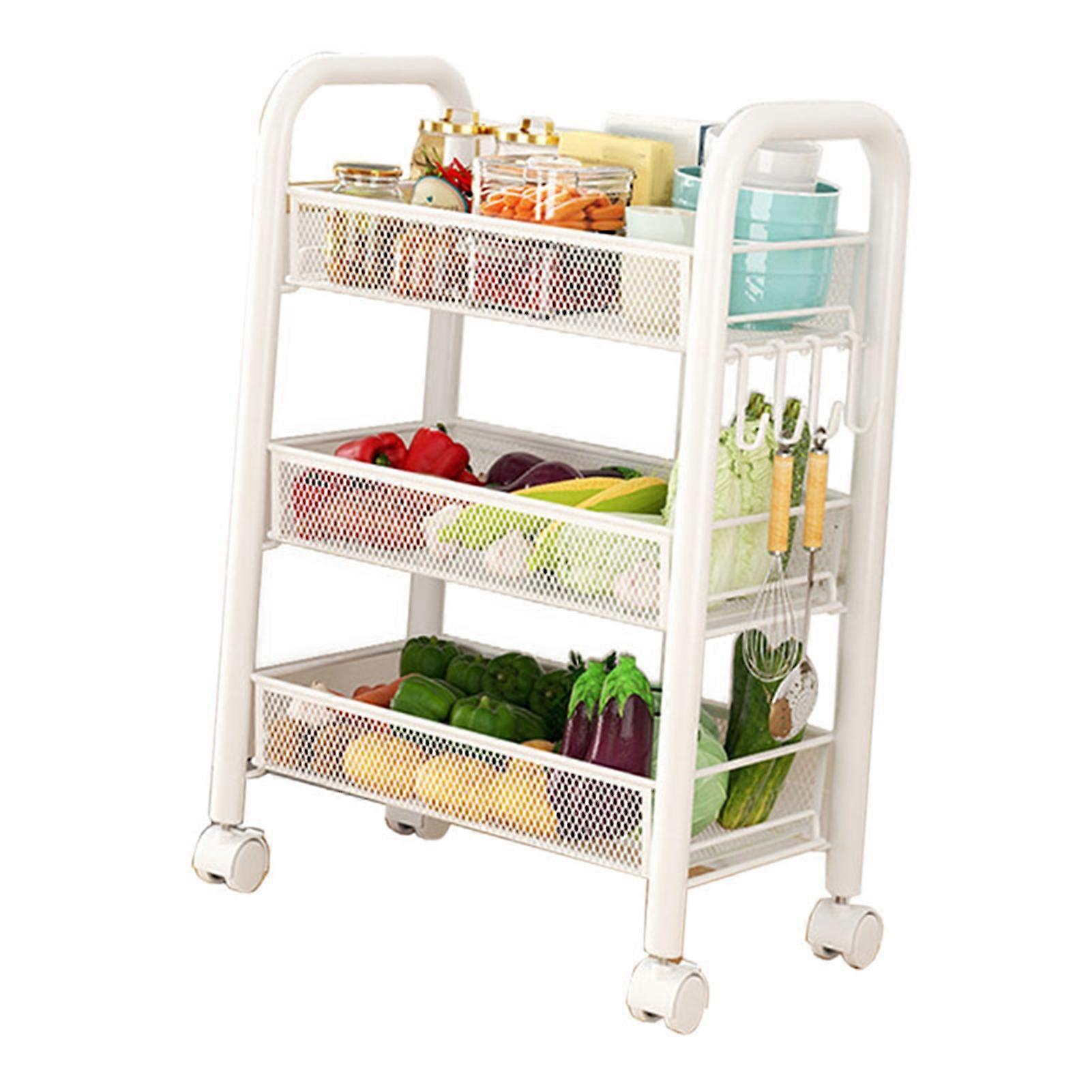 Rolling Storage Cart Layered Storage Shelves Multi Functional Movable Snack Vegetable Baskets Kitchen Shelves White Three Layers