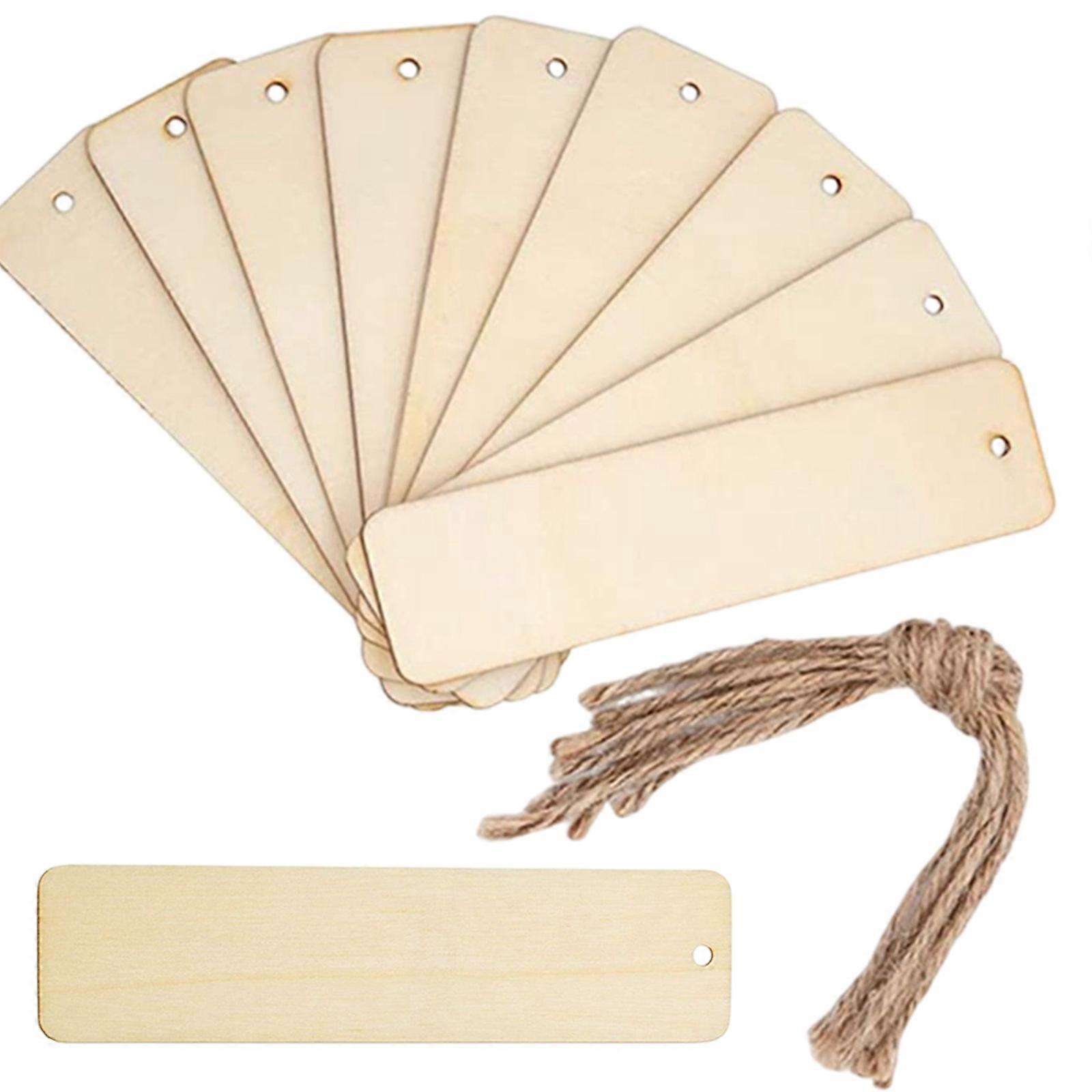 10Pieces Unfinished Wood Bookmarks with String Unfinished Wood Hanging Labels with Hole for Kid Adult Art Craft Painting