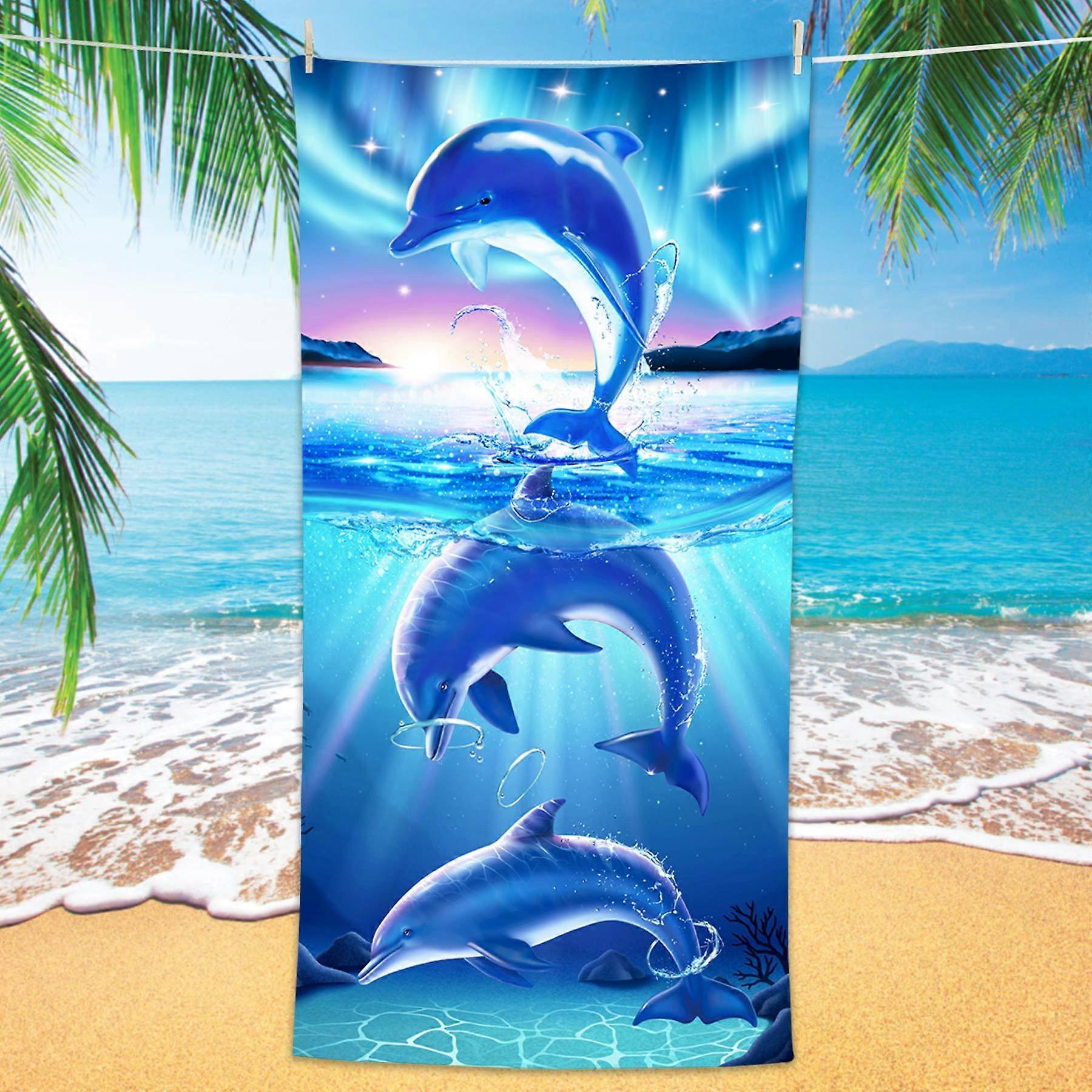 Cute Ocean Dolphin Theme Microfiber Pool Beach Towel, 30" x 60", Quick-Dry, Soft Fabric, Ideal for Sports and Travel