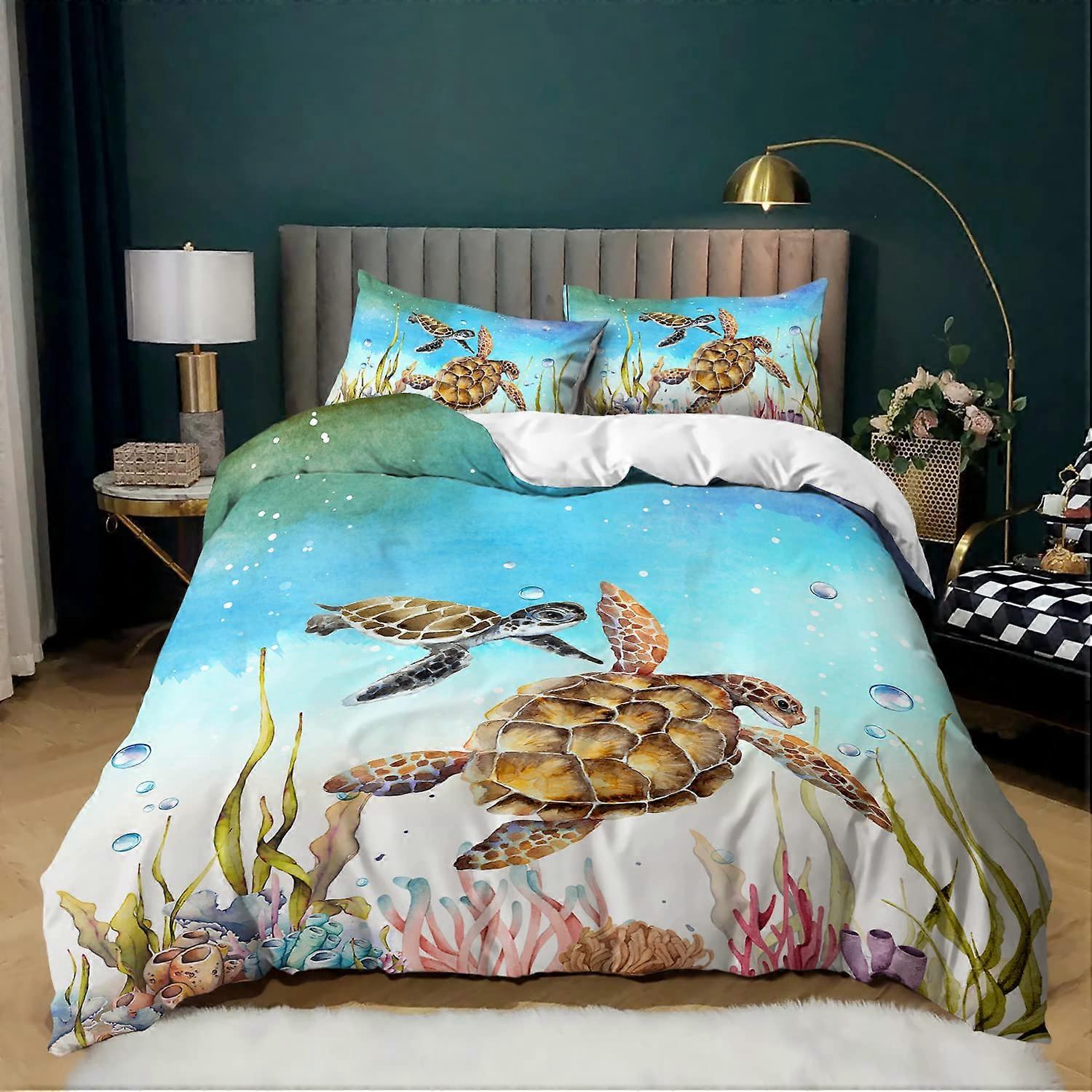 3 Piece Soft Bedding Set for Kids Beach Turtle Comforter Cover Set Full 79'x89'