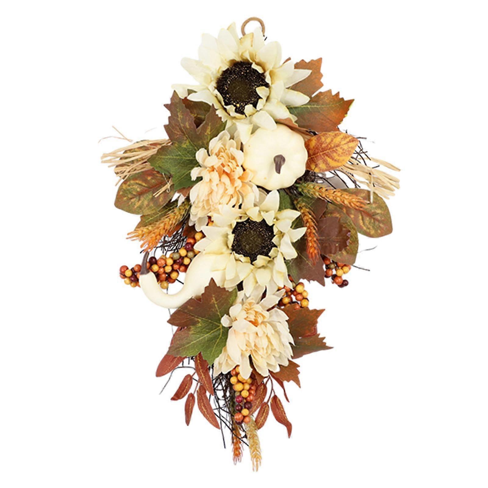 Teardrop Hanging Fall Wreath 45cm, Artificial Pumpkin Maple Leaves Swag for Front Door Porch Window Decor