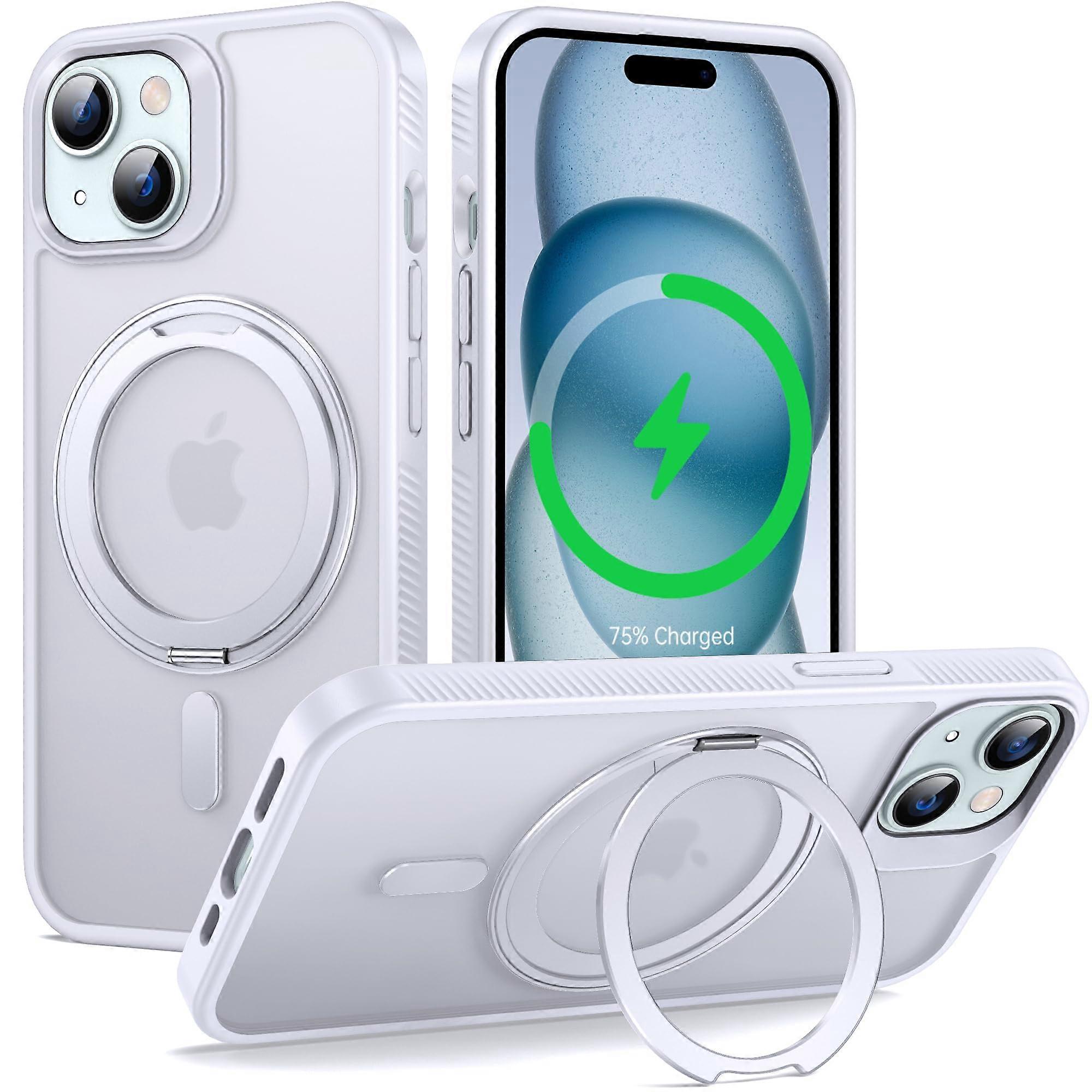 Magnetic Kickstand for iPhone 15 Case MagSafe 360-Degree Ring Stand Non-Slip Matte Translucent White 6.1-Inch Shockproof