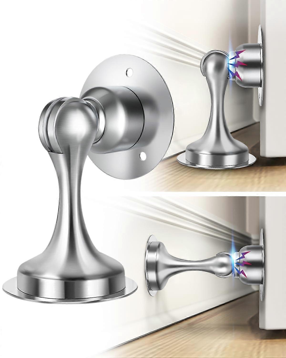 Door Stop Magnetic Door Catcher, Door Bottom Stop, Keep Door Open, Wall And Floor Mounting Bracket, Silver, 2 Pack