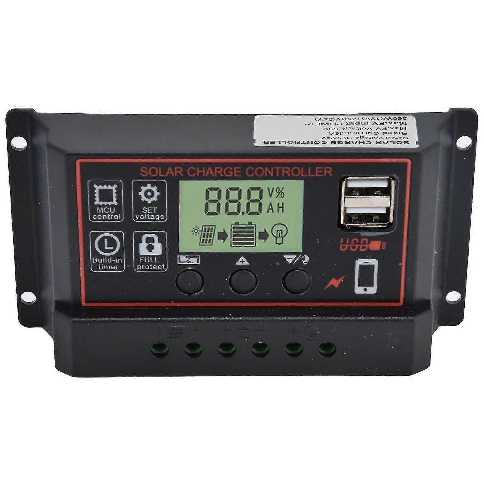 Smart Charge Controller Dual USB Solar Battery Panel PWM Charging Control Equipment 12/24V20A