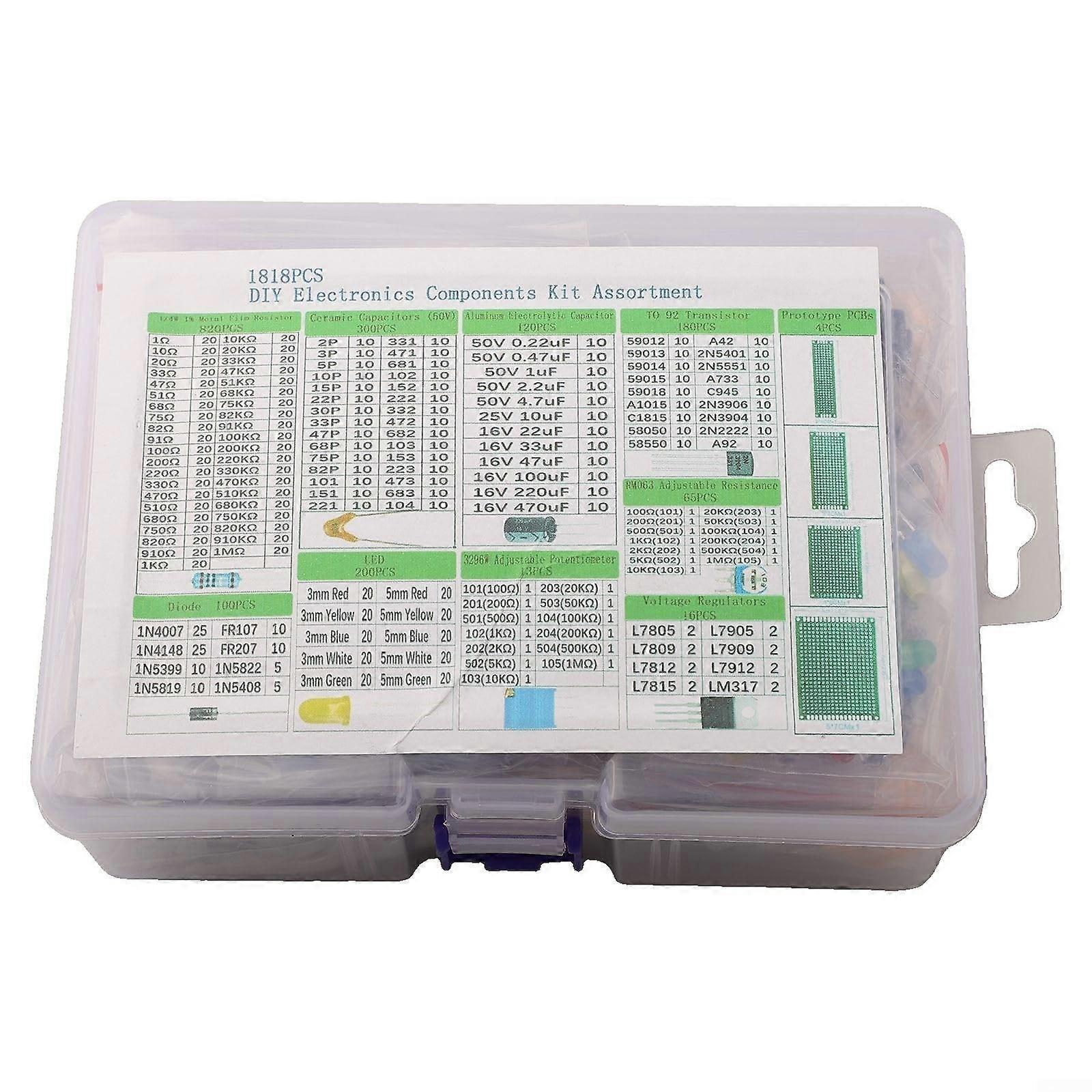 DIY electronics component set, circuit board parts, LED diodes, circuit board, monolithic capacitor, resistors for electronic projects