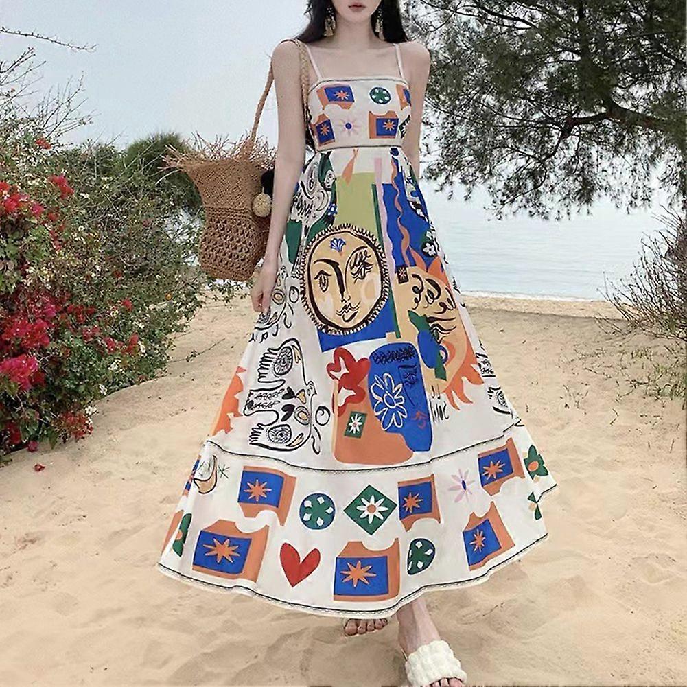 Retro Graffiti Floral Print Sundress Boho Beach Dress with Waist Tie Womens Summer Vacation Outfit