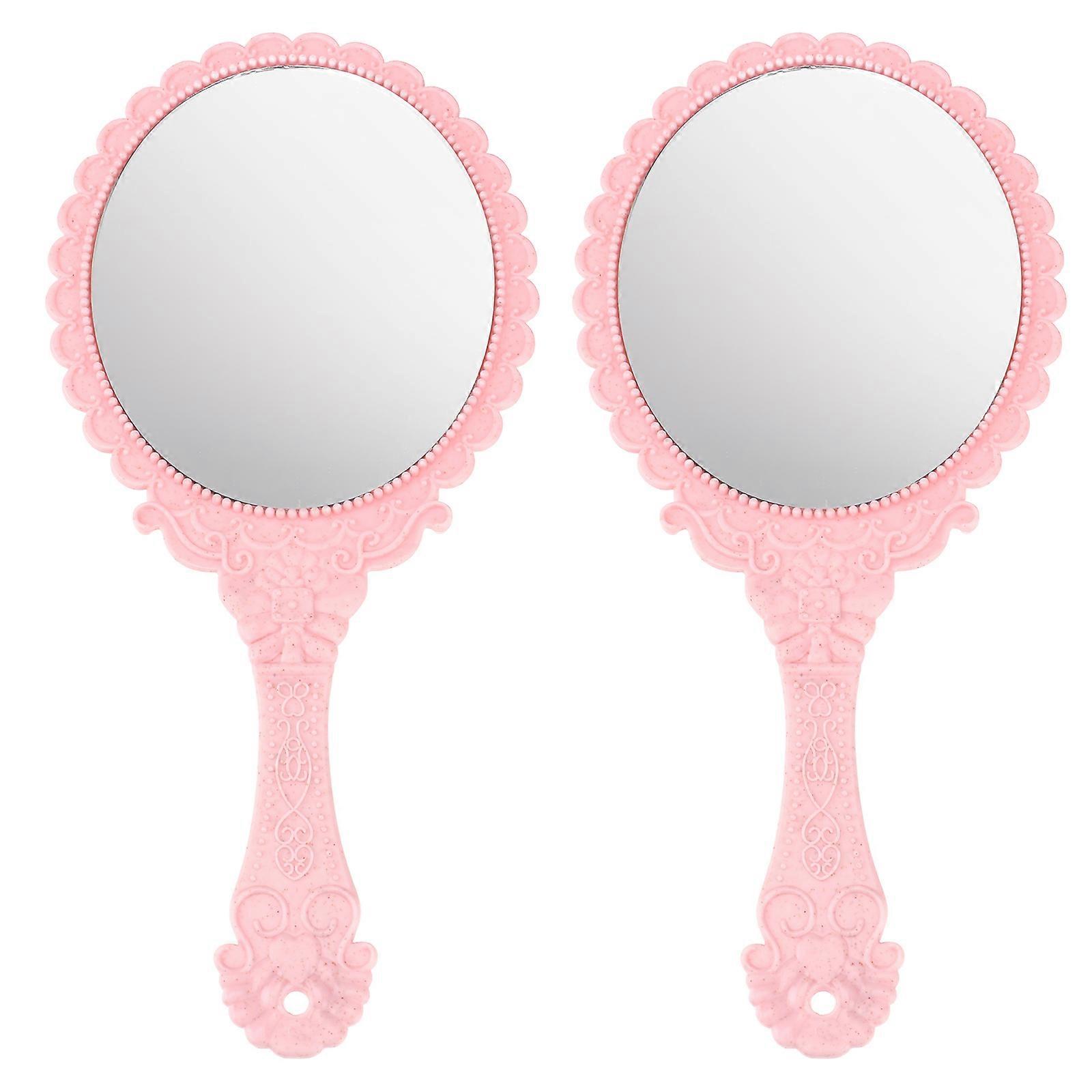 Retro Spiegel Handheld Make-up Spiegel Draagbare Vintage Cosmetische Spiegel Voor Vrouwen Thuisgebruik Roze 25x11.5x0.5cm Glas 2Pcs