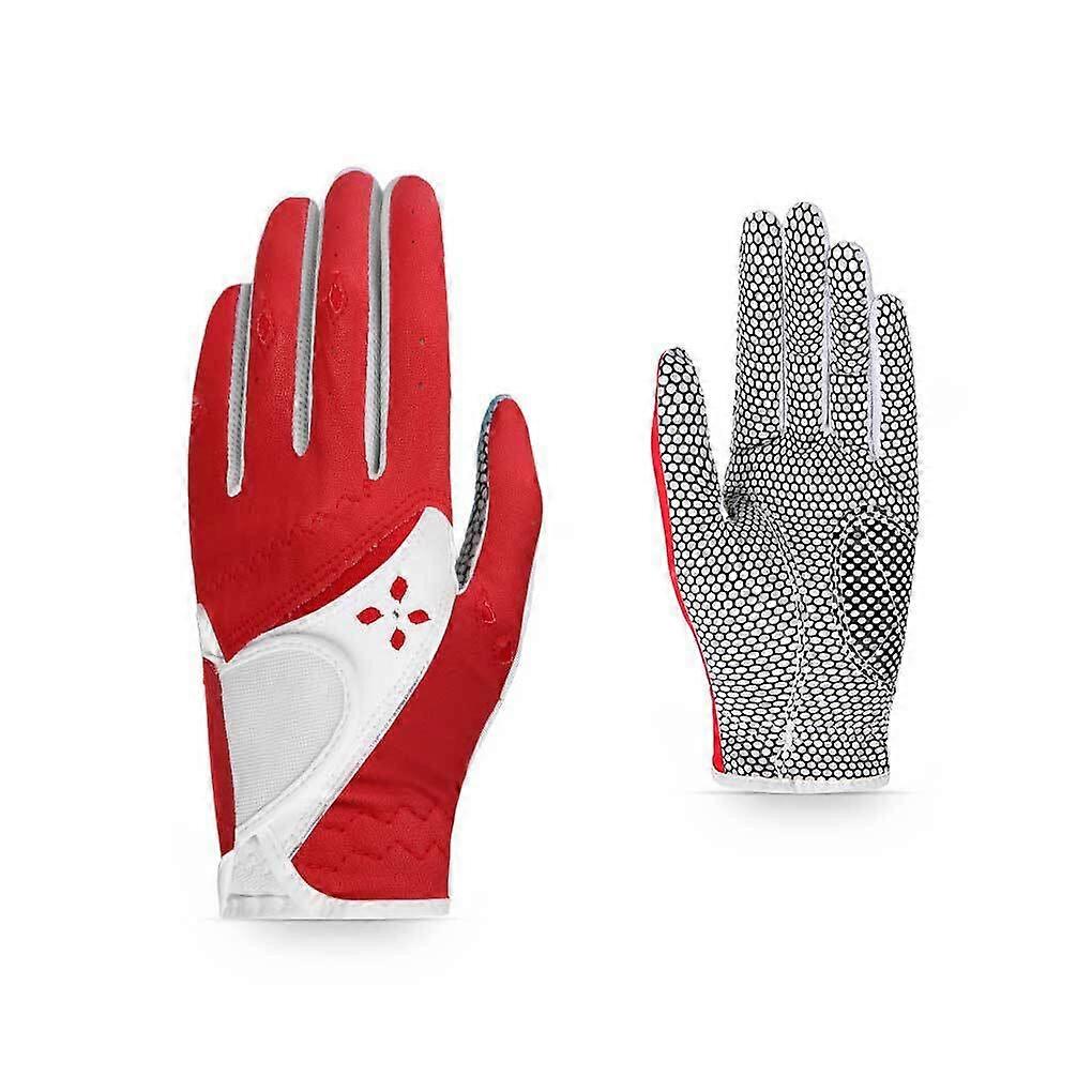 Ladies Golf Gloves Leather NonSlip Adjustable Breathable Fitness Gloves Red Size 19