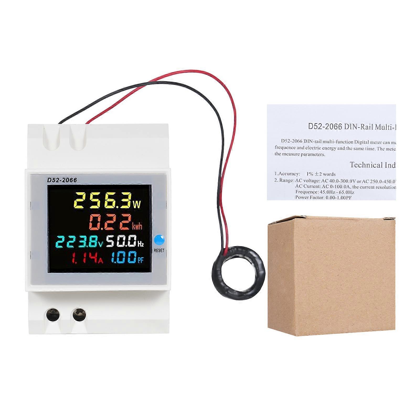6 in 1 Digital Single Phase Energy Tester, Voltage, Current, Power Factor, Active kWh Monitor, 100A, for DIN Rail