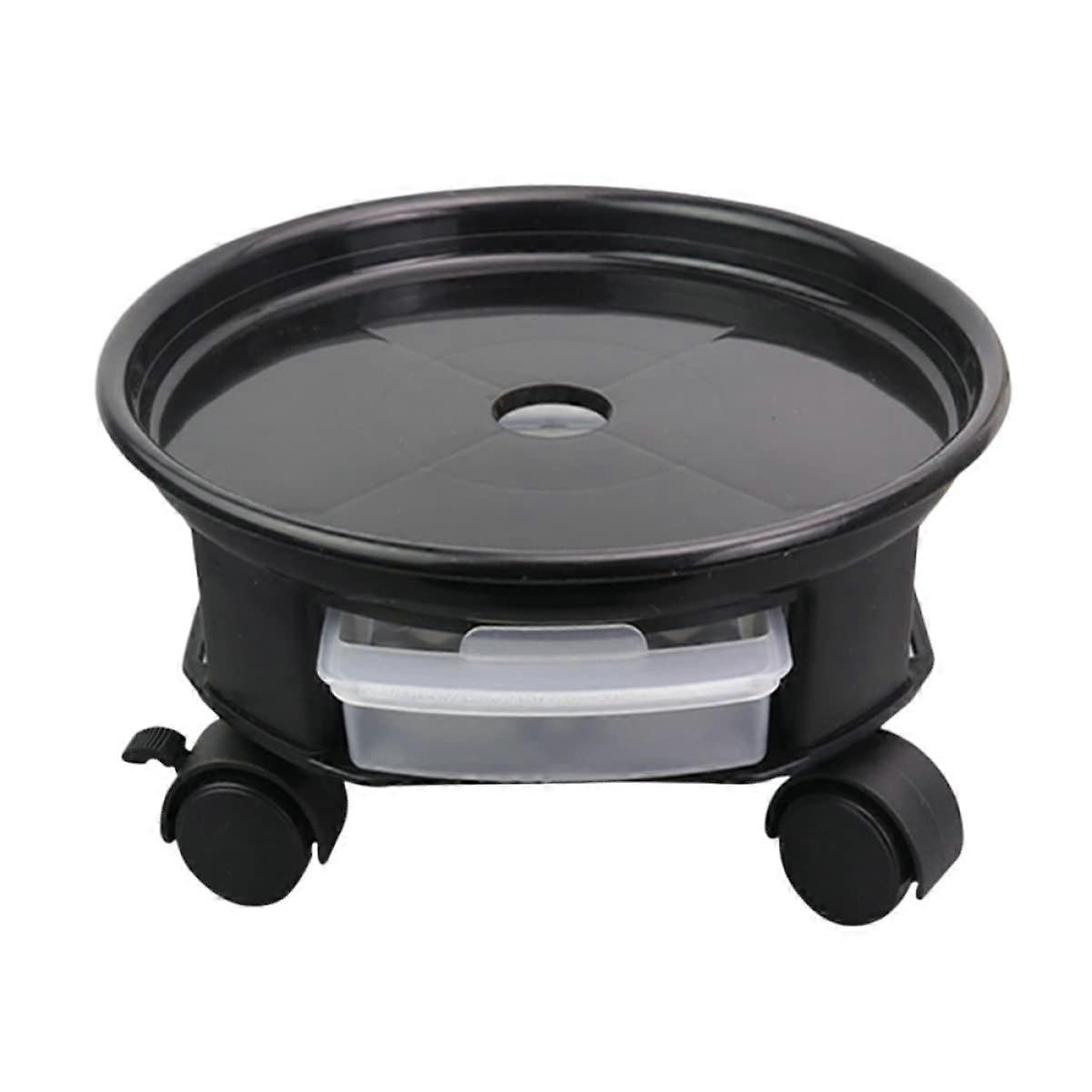 Round flower pot saucer with wheels and drawer base for plants, stable plant stand with brake for home, black