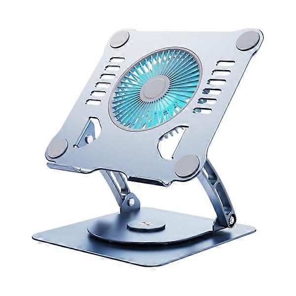 Laptop stand, ergonomic notebook holder, rotating foldable with cooling fan, portable aluminum.