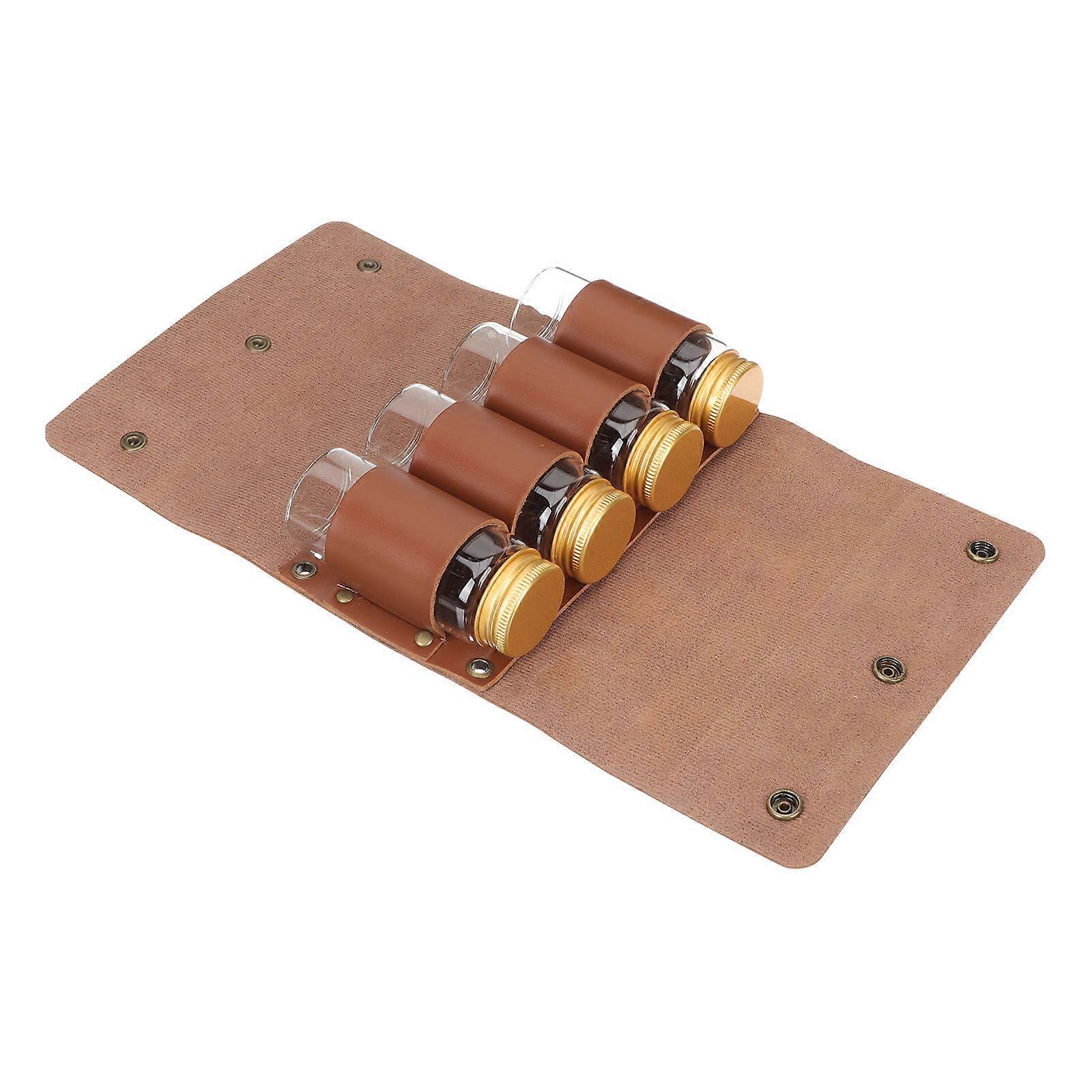 Outdoor Spice Holder Set with Storage Bag – Portable Condiment Organizer for Camping, Picnics, and Travel – Moisture Resistant Spice Jars, PU Brown