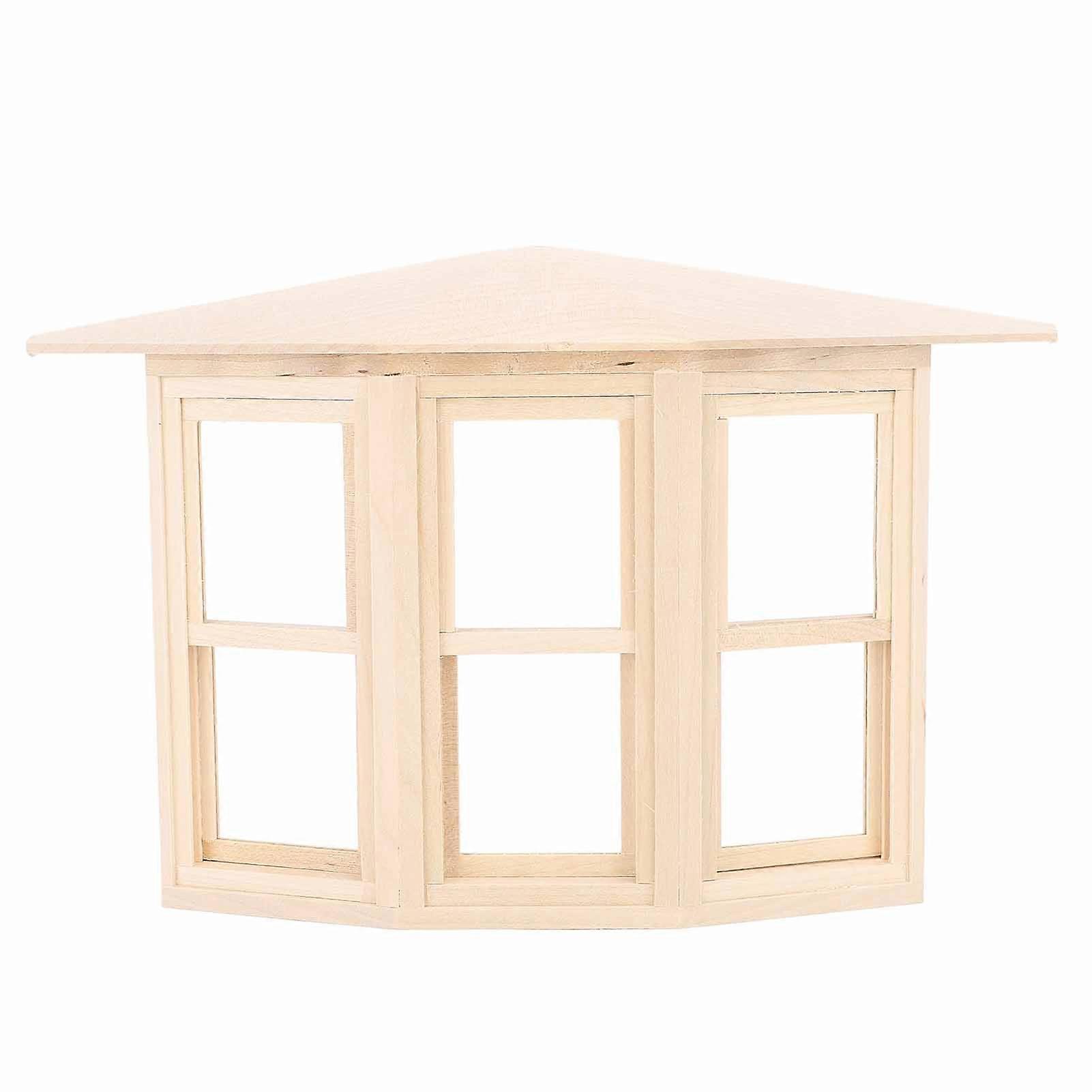 1:12 Dollhouse Window Birch Wood Exquisite Lifelike Miniature Window 45 Degree Three Sided Sliding Bay Window Model for DIY Asseccories
