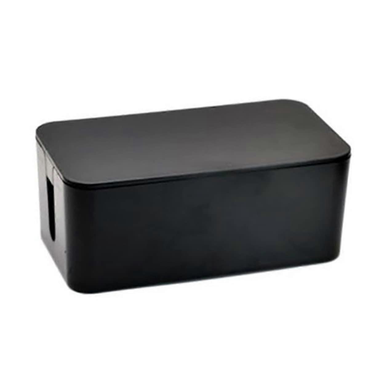 Cable management box made of plastic for power cables and plugs, small storage box, black, for organizing charging cables and sockets.